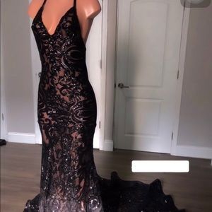 Black sequins prom dress long train